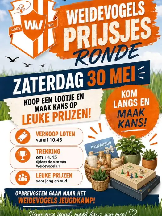 Kom je zaterdag kijken naar de thuiswedstrijden? Koop dan een lootje en maak kans op leuke prijzen! 🤩 Alle opbrengsten gaan naar het Weidevogels jeugdkamp 🧡