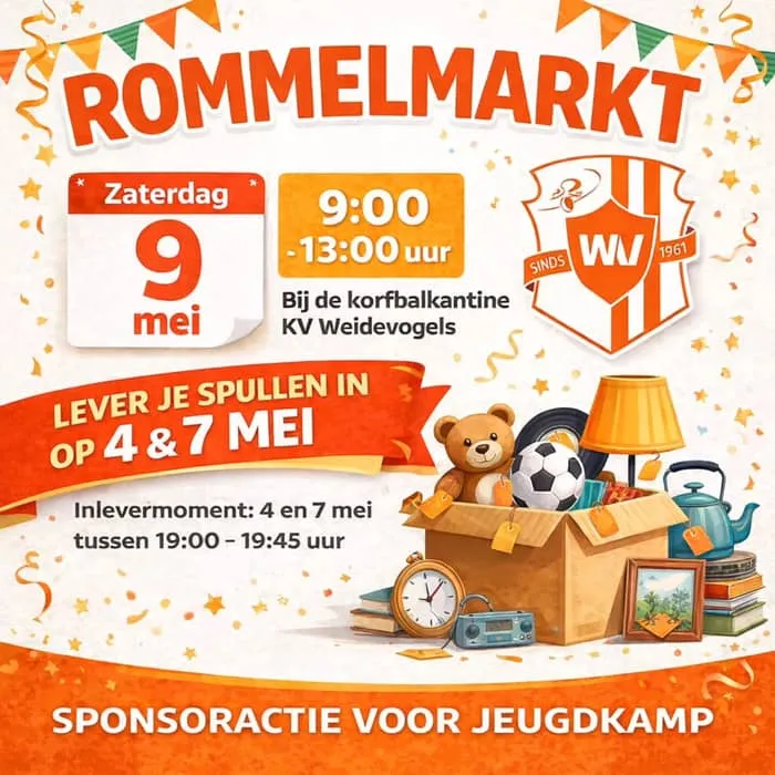 Op 9 mei kan je weer leuke spullen kopen op onze rommelmarkt! 🛍 Heb je zelf thuis nog spullen liggen om te verkopen? Die kan je maandag 4 en donderdag 7 mei tussen 19.00 en 19.45 uur inleveren bij de kantine. Alle opbrengsten gaan naar het jeugdkamp van Weidevogels!